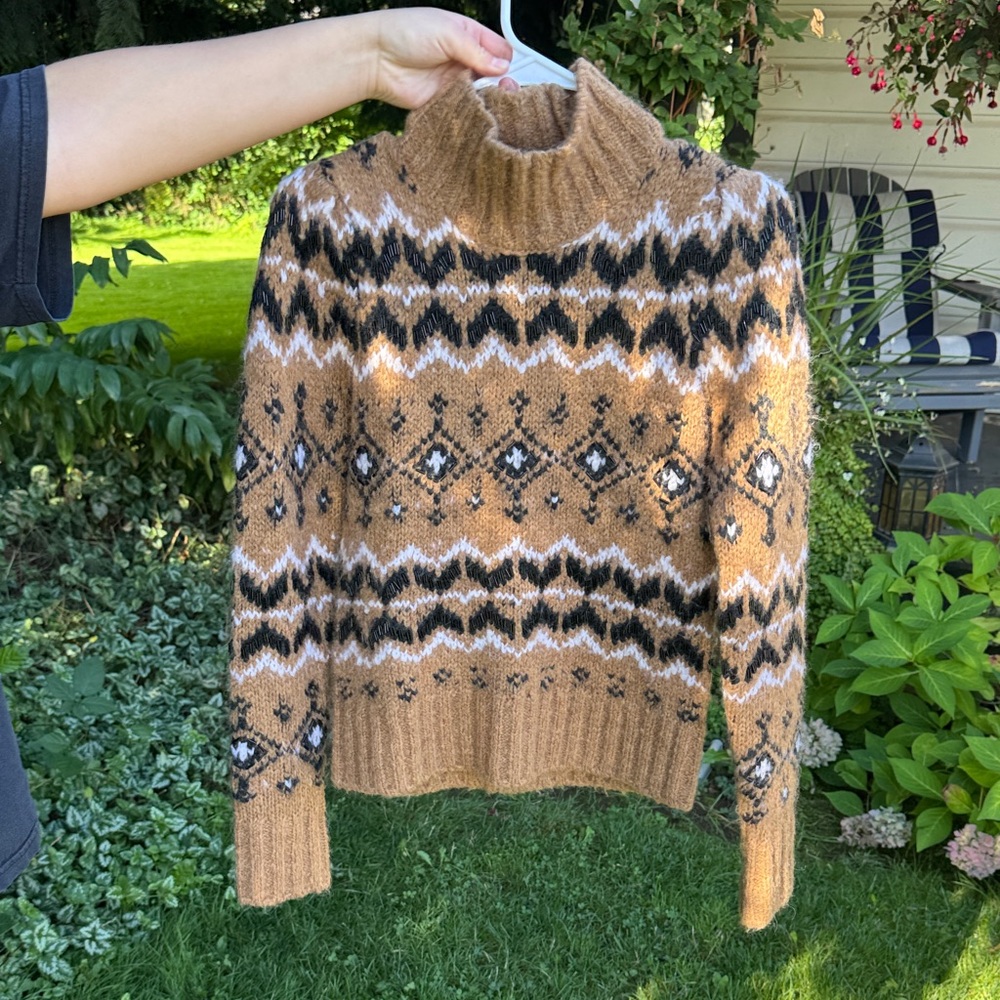 Veronica Beard Tan and Black Geometric Turtleneck Sweater